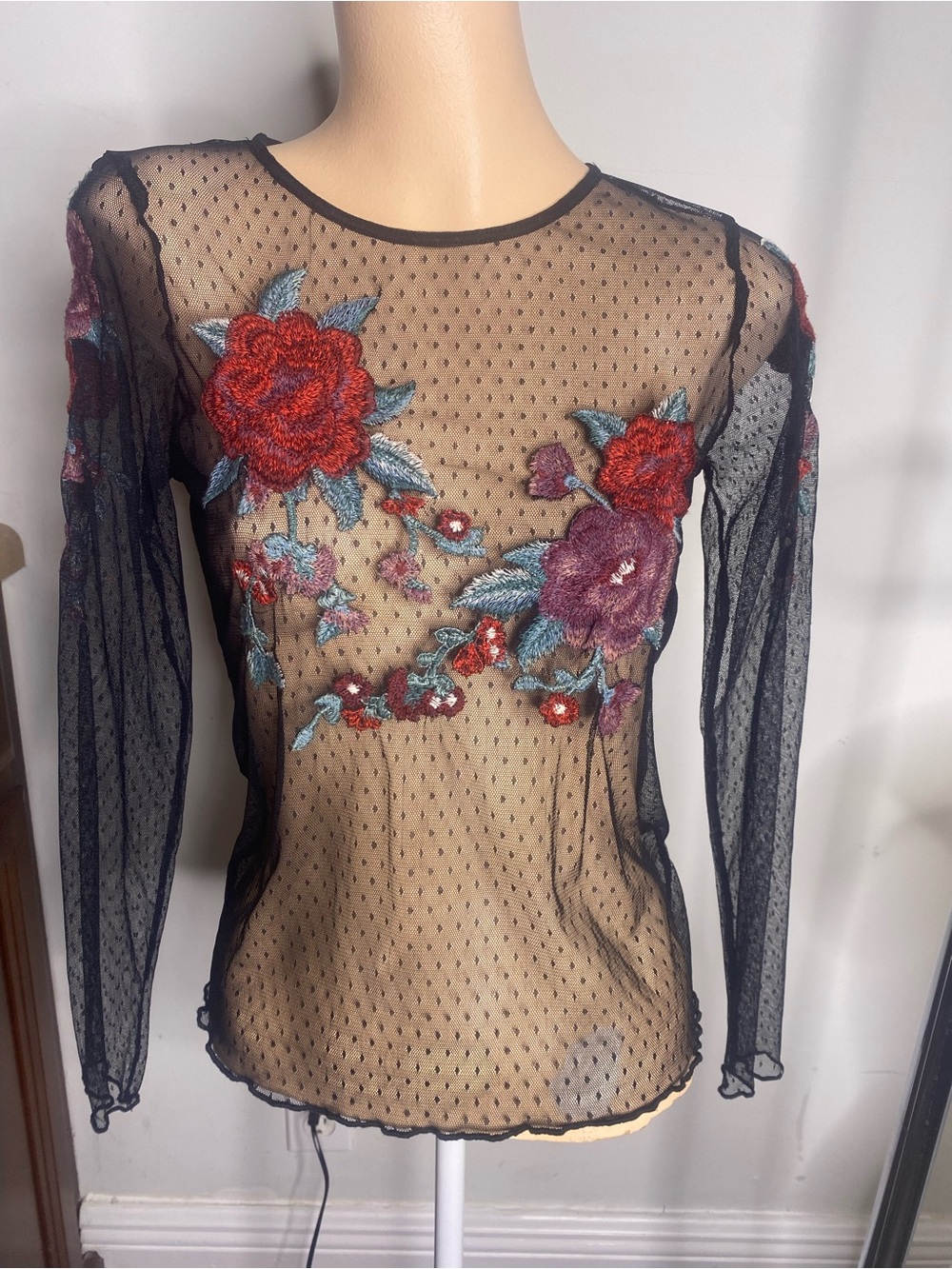 Sheer Black Floral Embroidered Long-Sleeve Top